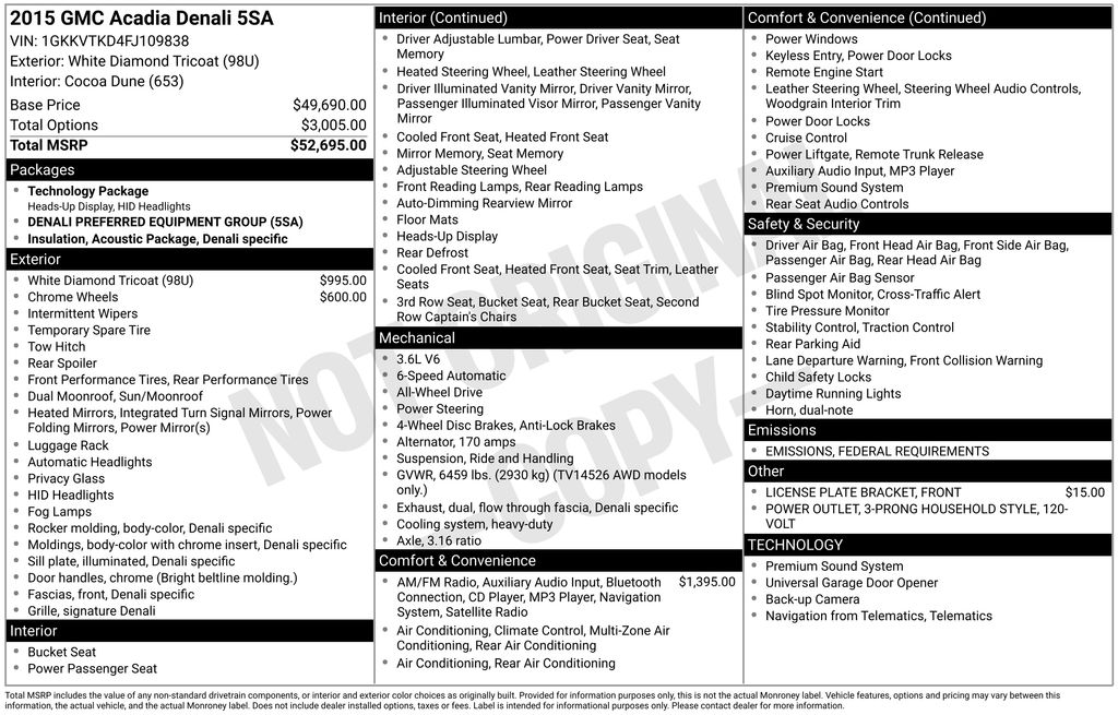 Used 2015 GMC Acadia Denali with VIN 1GKKVTKD4FJ109838 for sale in Huron, SD