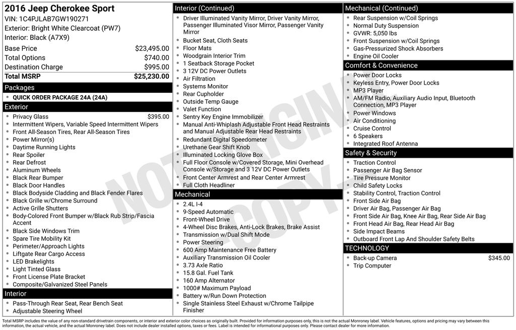 Used 2016 Jeep Cherokee Sport with VIN 1C4PJLAB7GW190271 for sale in Gainesville, FL