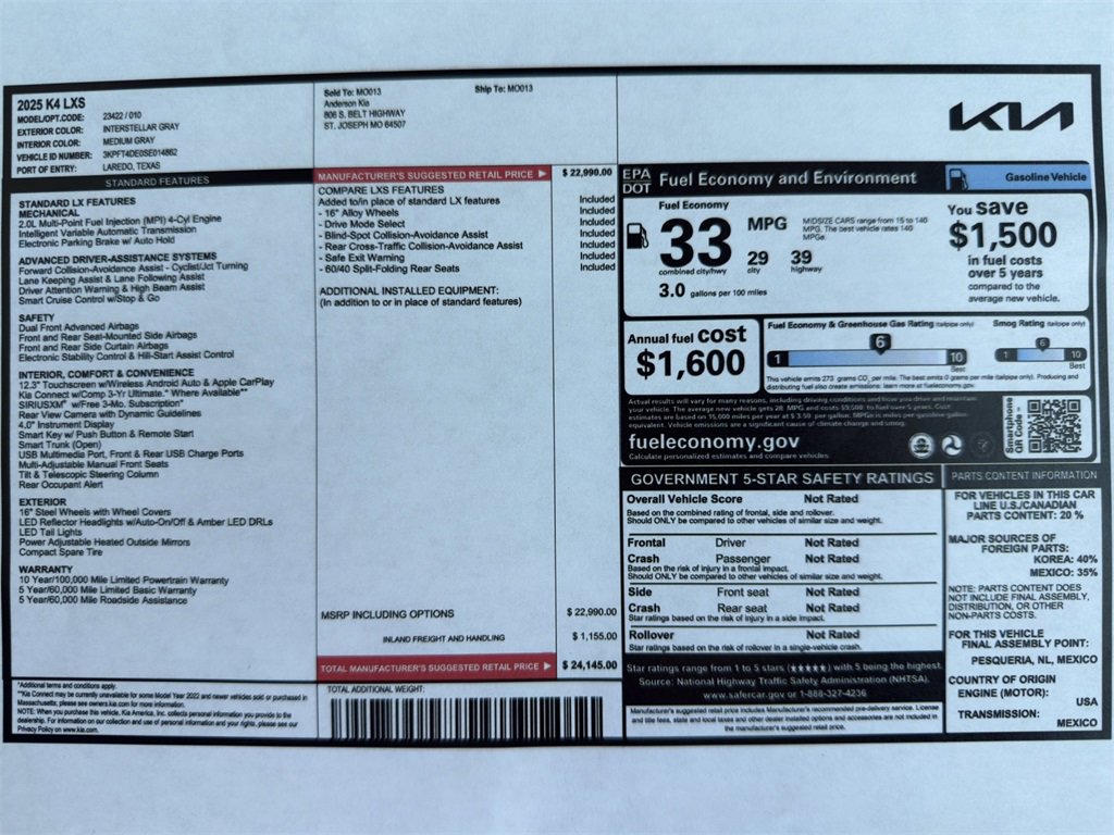 Used 2025 Kia K4 LXS with VIN 3KPFT4DE0SE014862 for sale in Kansas City