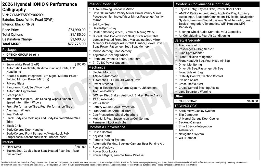 Certified 2026 Hyundai IONIQ 9 Performance Calligraphy with VIN 7YAMYFS59TY002091 for sale in Highland Park, IL