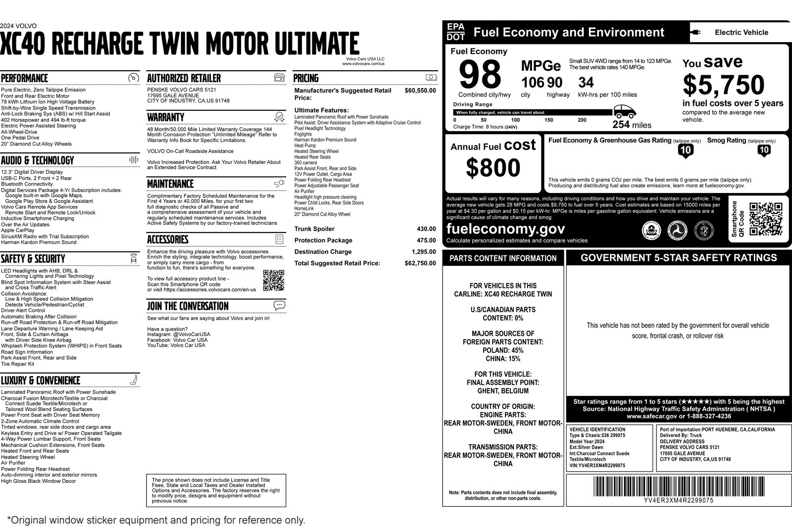 Used 2024 Volvo XC40 Ultimate with VIN YV4ER3XM4R2299075 for sale in Costa Mesa, CA